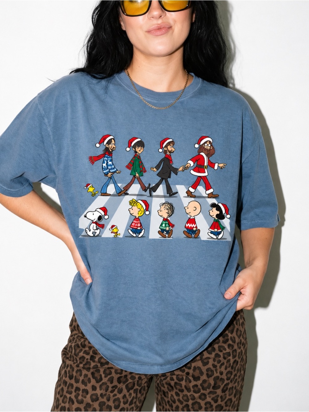 Snoopy and Friends Road Christmas Comfort Colors 1717 T-Shirt Blue NWT
